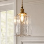 Faelthorin Farmhouse Brass Hammered Square Glass Pendant Lamp