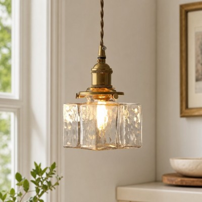 Faelthorin Farmhouse Brass Hammered Square Glass Pendant Lamp