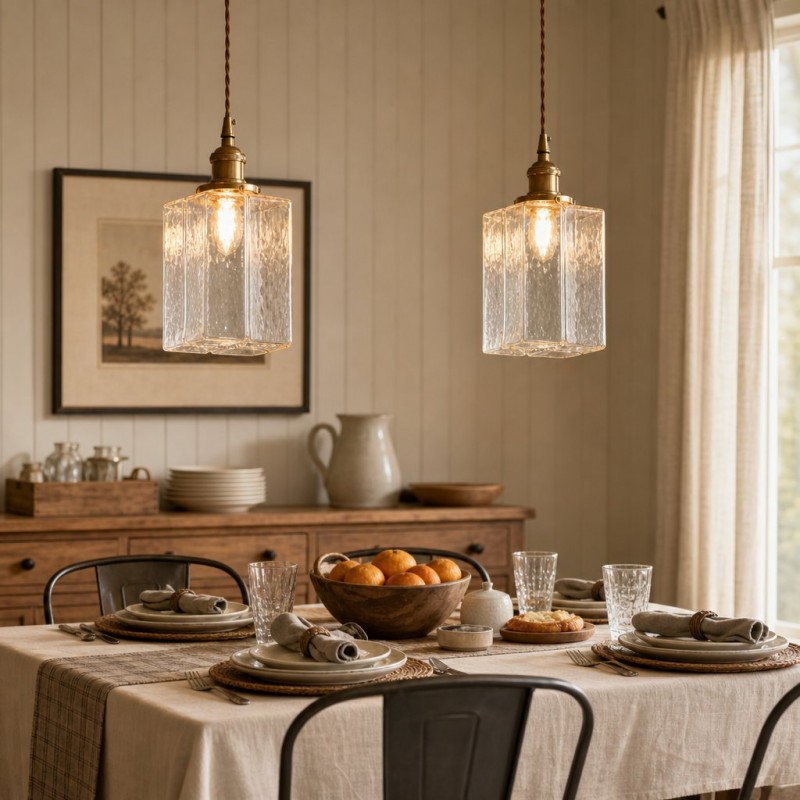 Faelthorin Farmhouse Brass Hammered Square Glass Pendant Lamp