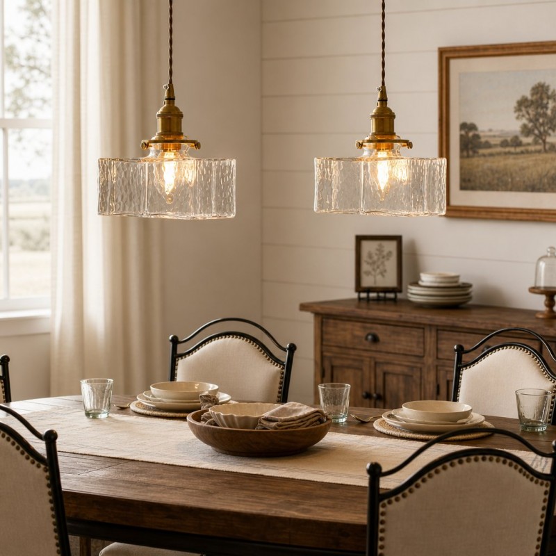 Faelthorin Farmhouse Brass Hammered Square Glass Pendant Lamp
