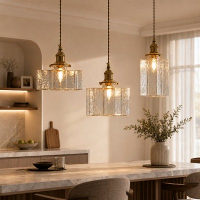 Faelthorin Farmhouse Brass Hammered Square Glass Pendant Lamp