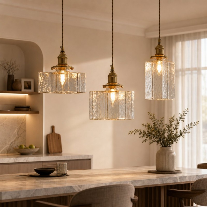 Faelthorin Farmhouse Brass Hammered Square Glass Pendant Lamp