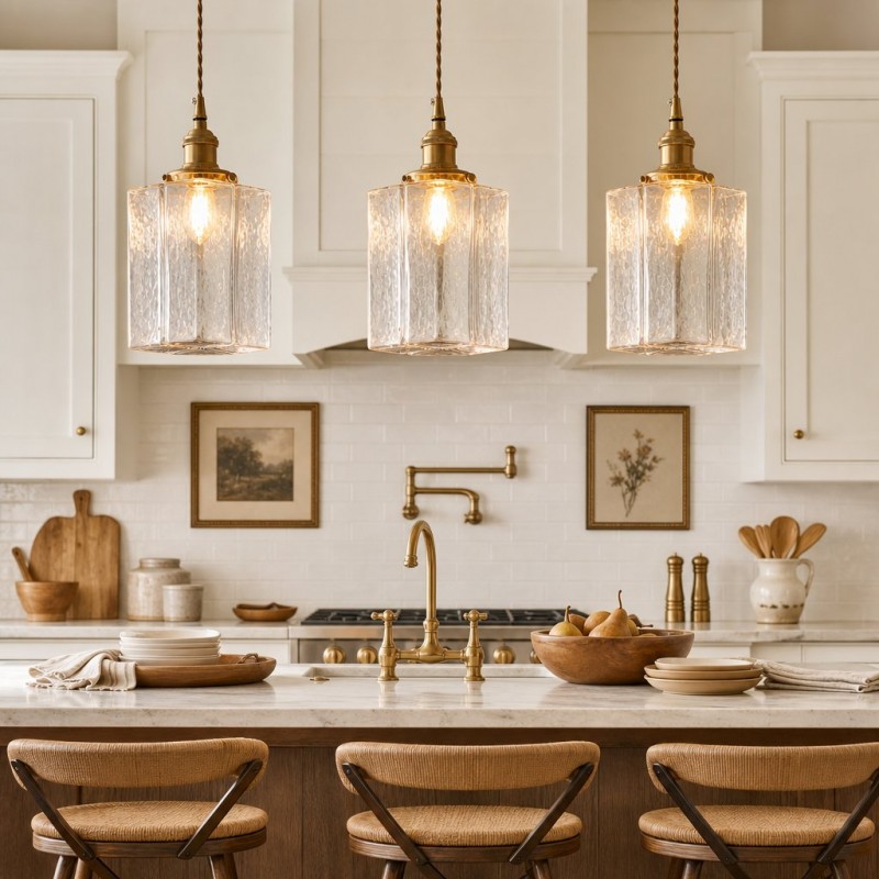 Faelthorin Farmhouse Brass Hammered Square Glass Pendant Lamp