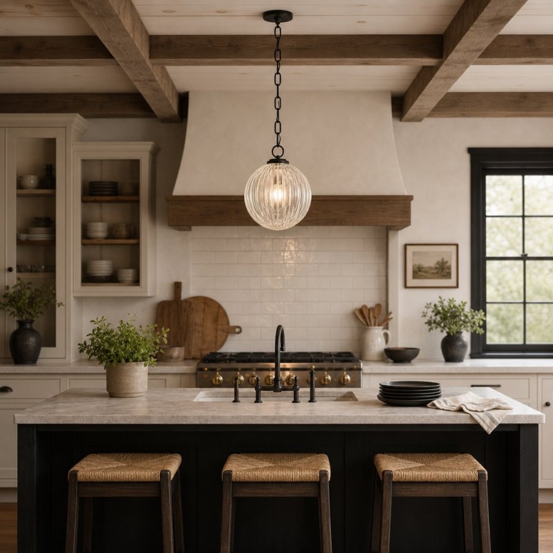 Hana Farmhouse Ribbed Glass Globe Pendant Light