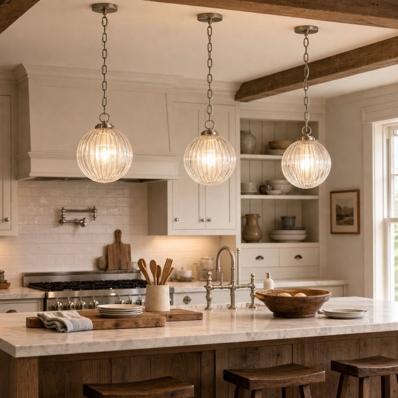 Hana Farmhouse Ribbed Glass Globe Pendant Light