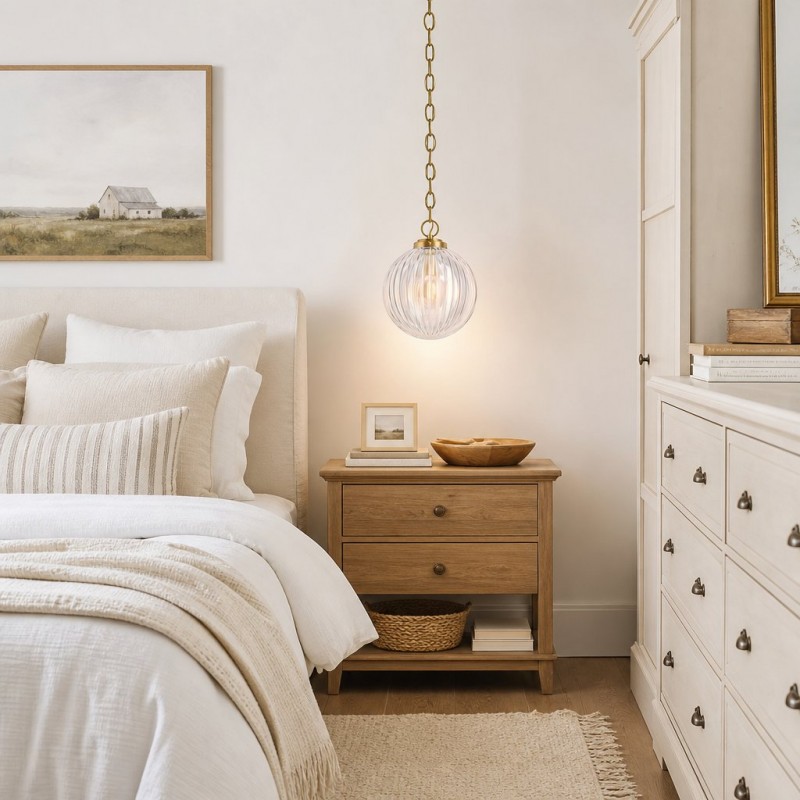 Hana Farmhouse Ribbed Glass Globe Pendant Light