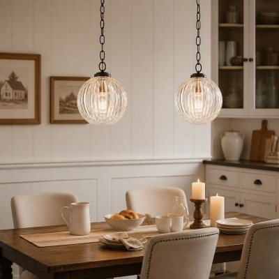 Hana Farmhouse Ribbed Glass Globe Pendant Light