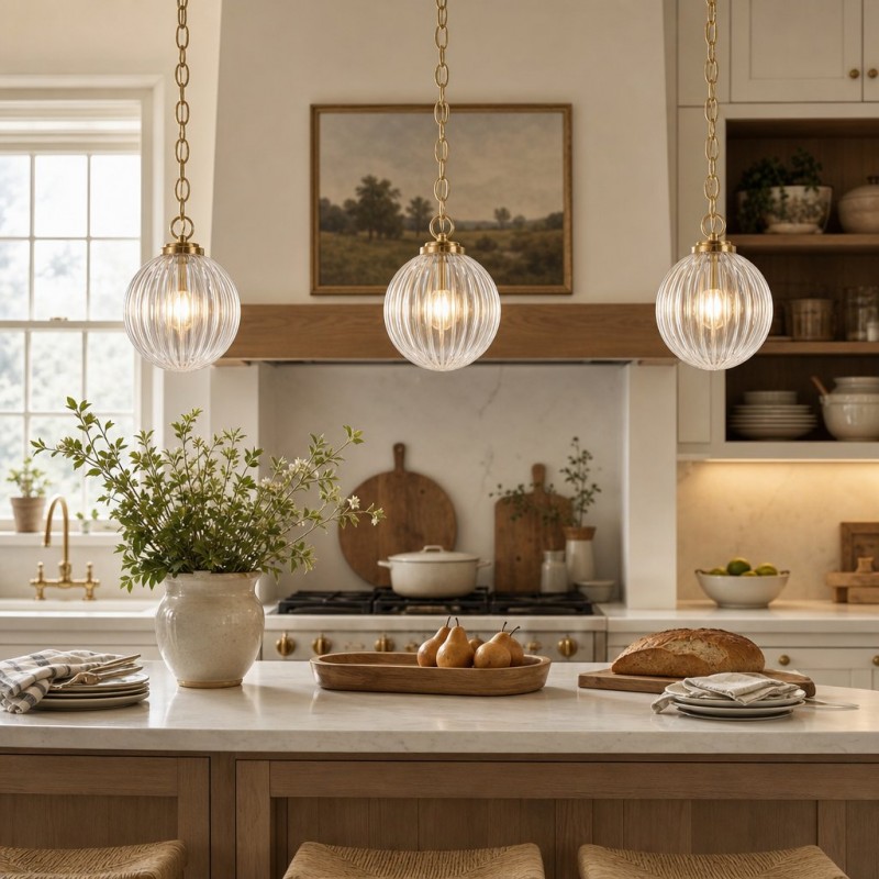 Hana Farmhouse Ribbed Glass Globe Pendant Light