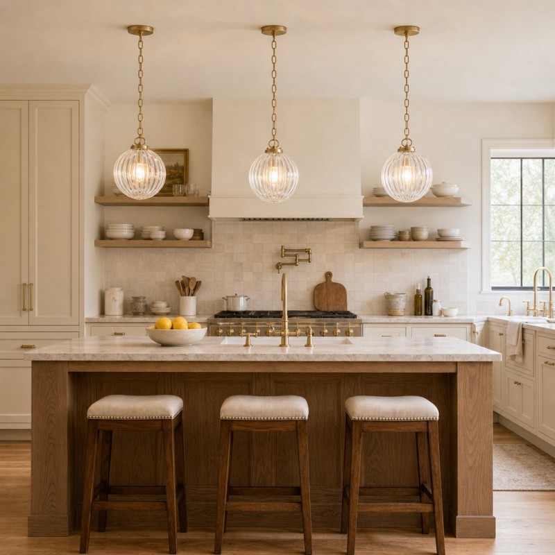 Hana Farmhouse Ribbed Glass Globe Pendant Light