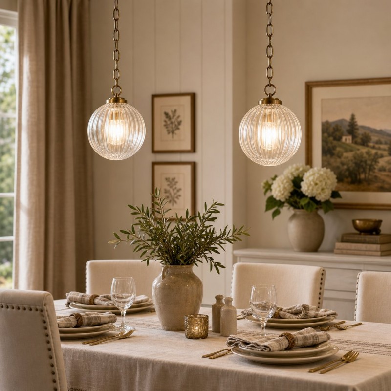 Hana Farmhouse Ribbed Glass Globe Pendant Light