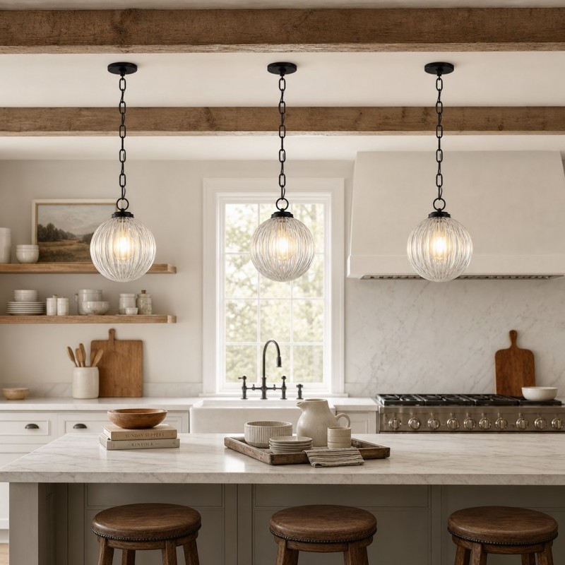Hana Farmhouse Ribbed Glass Globe Pendant Light