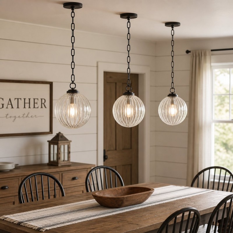 Hana Farmhouse Ribbed Glass Globe Pendant Light