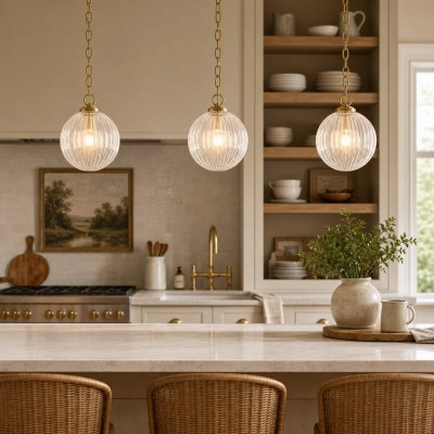 Hana Farmhouse Ribbed Glass Globe Pendant Light