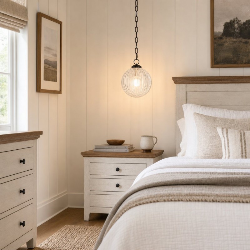 Hana Farmhouse Ribbed Glass Globe Pendant Light