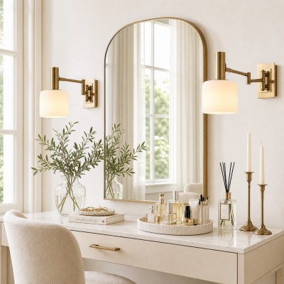 Aura Elegant Brass Swing Arm Porcelain Wall Sconce