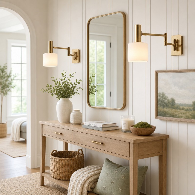 Aura Elegant Brass Swing Arm Porcelain Wall Sconce