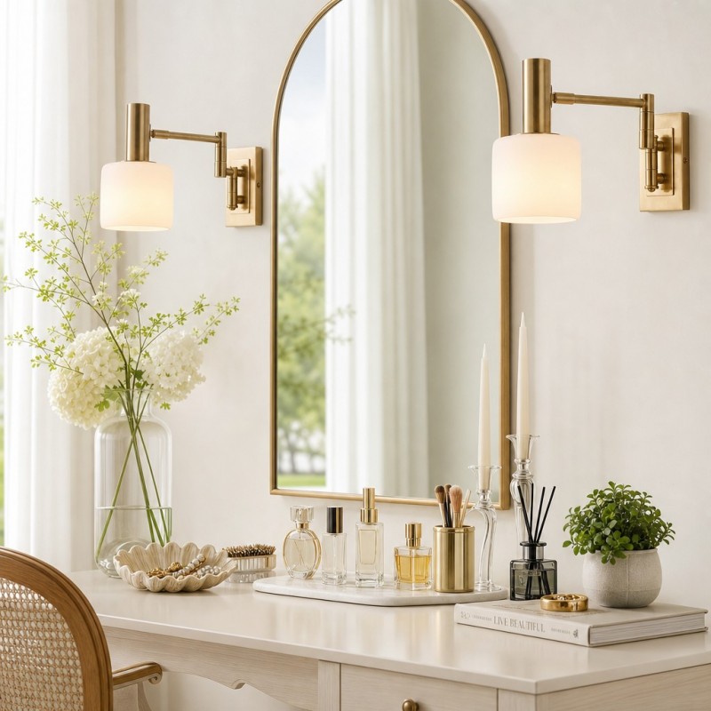Aura Elegant Brass Swing Arm Porcelain Wall Sconce
