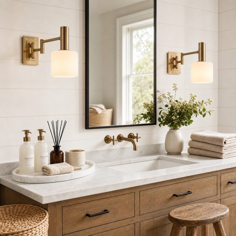 Aura Elegant Brass Swing Arm Porcelain Wall Sconce