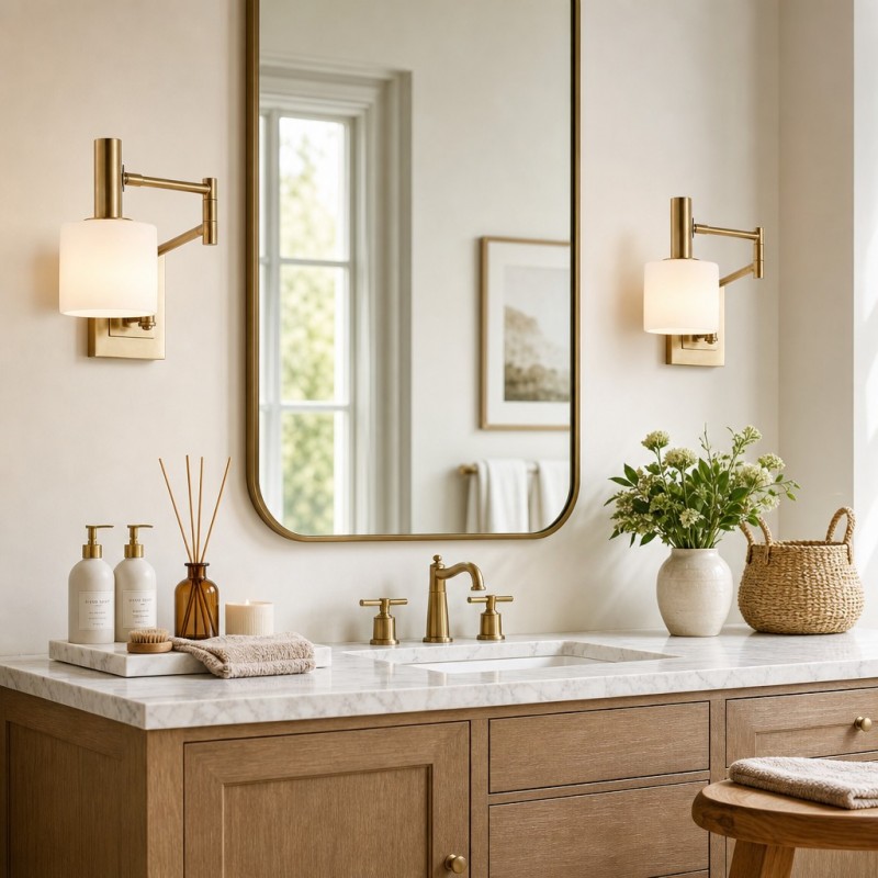 Aura Elegant Brass Swing Arm Porcelain Wall Sconce