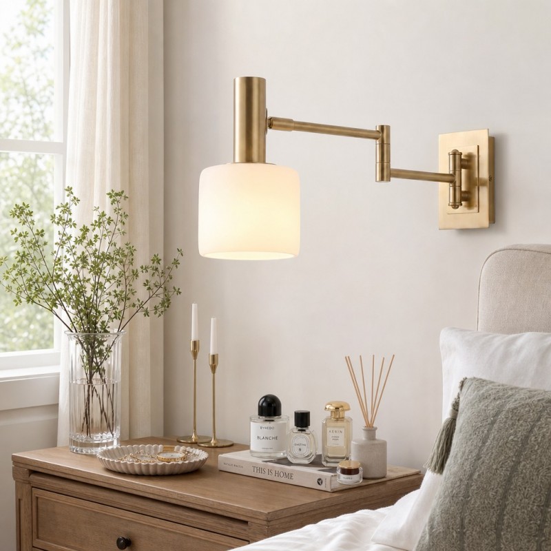 Aura Elegant Brass Swing Arm Porcelain Wall Sconce
