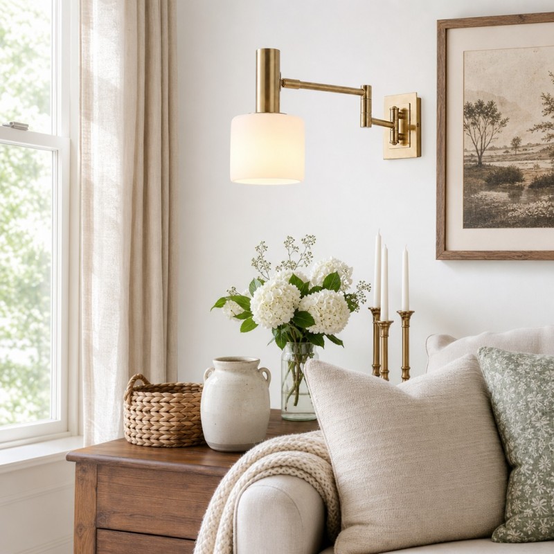 Aura Elegant Brass Swing Arm Porcelain Wall Sconce