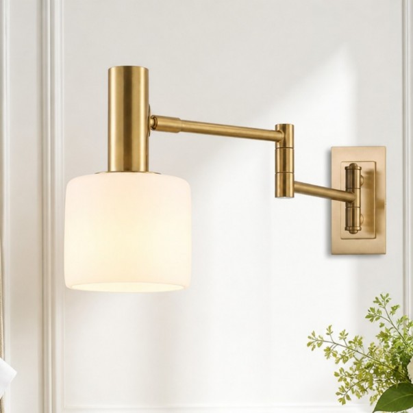 Aura Elegant Brass Swing Arm Porcelain Wall Sconce