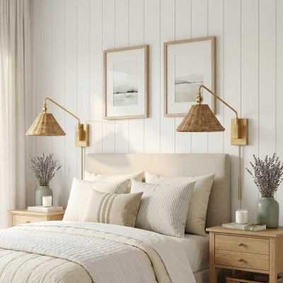 Novar Farmhouse Rattan Plug In Swing Arm Sconce（Set of 2）