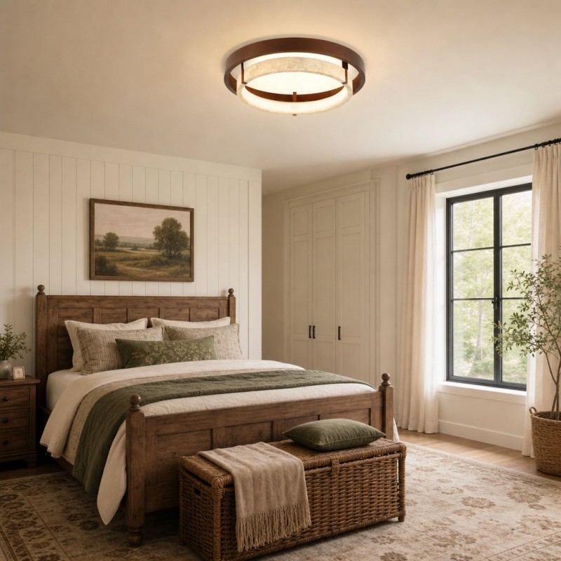Jayce Organic Wood & Travertine Layered Round Ceiling Light