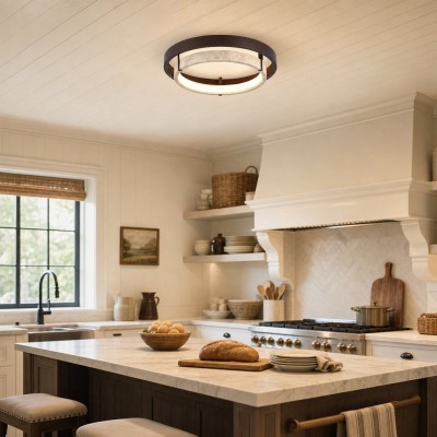 Jayce Organic Wood & Travertine Layered Round Ceiling Light