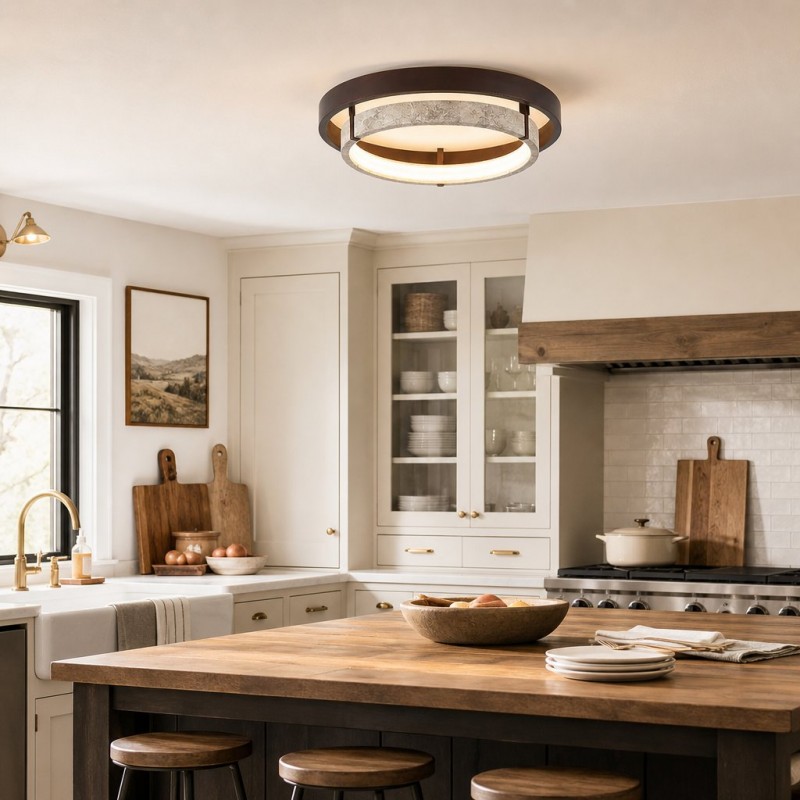 Jayce Organic Wood & Travertine Layered Round Ceiling Light