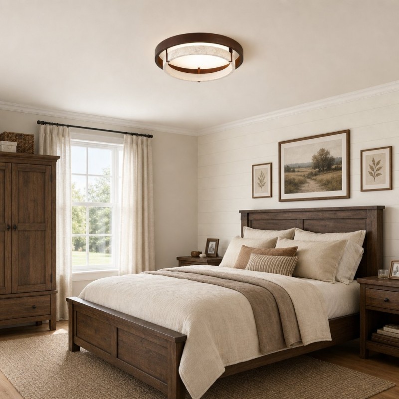 Jayce Organic Wood & Travertine Layered Round Ceiling Light