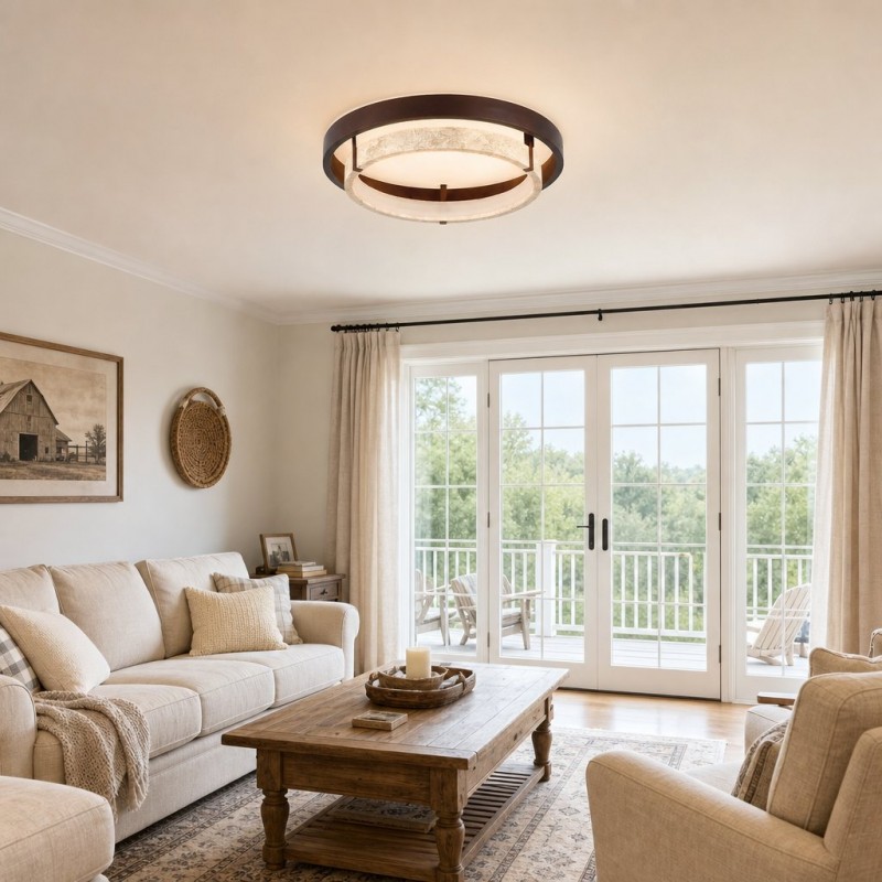 Jayce Organic Wood & Travertine Layered Round Ceiling Light