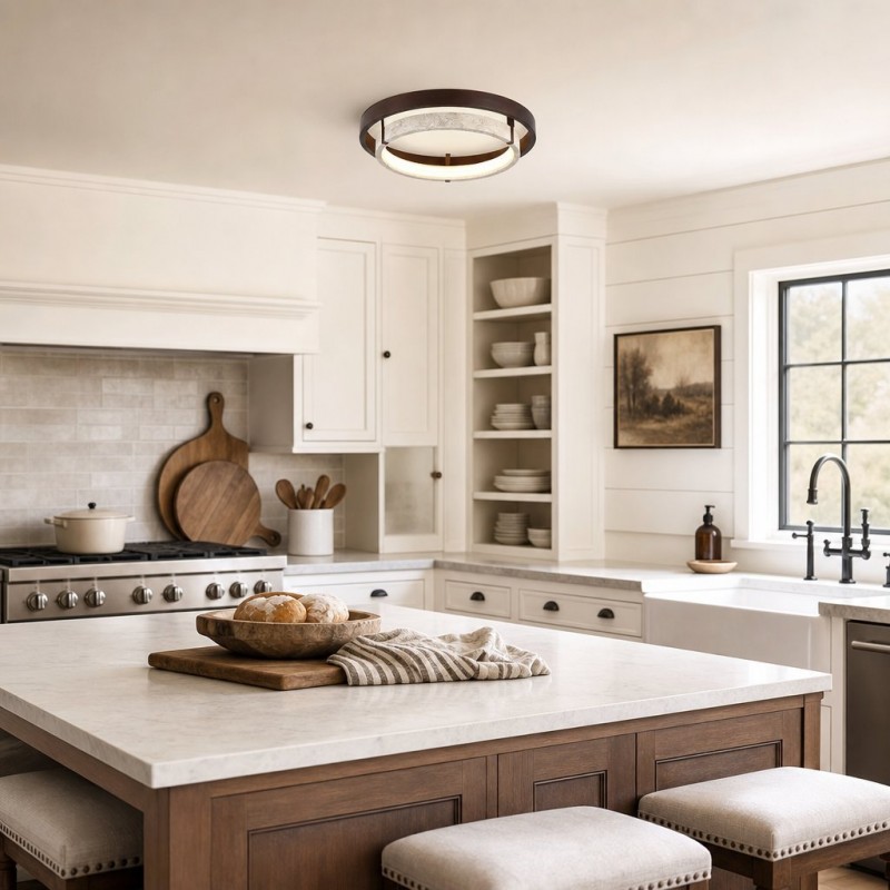 Jayce Organic Wood & Travertine Layered Round Ceiling Light