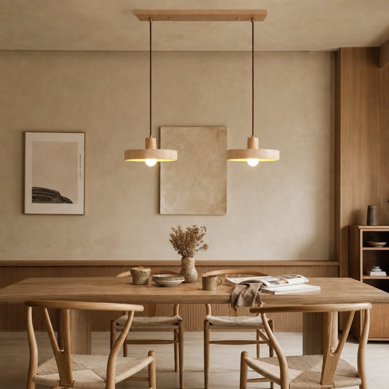 Harlow Wabi-Sabi Travertine & Wood Circular Pendant Light