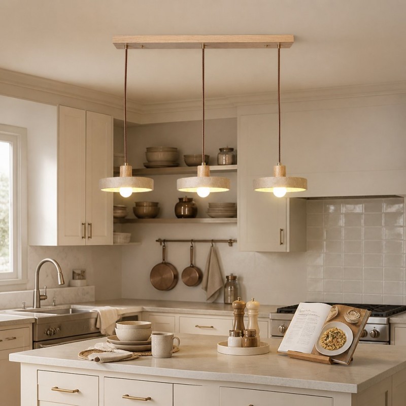Harlow Wabi-Sabi Travertine & Wood Circular Pendant Light