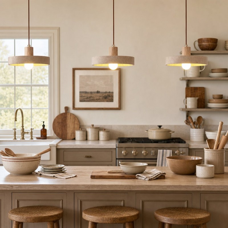 Harlow Wabi-Sabi Travertine & Wood Circular Pendant Light