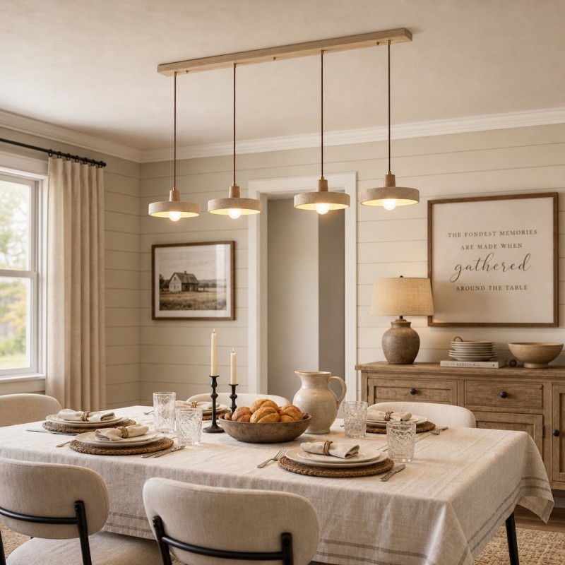 Harlow Wabi-Sabi Travertine & Wood Circular Pendant Light