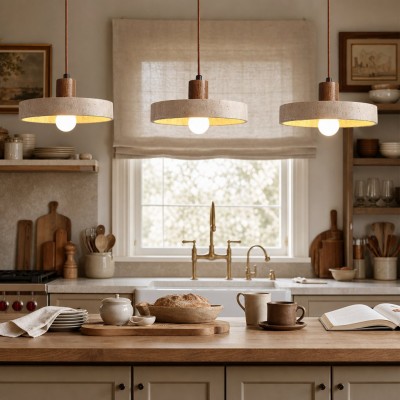 Harlow Wabi-Sabi Travertine & Wood Circular Pendant Light