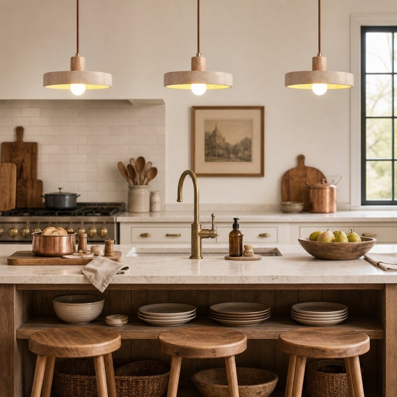Harlow Wabi-Sabi Travertine & Wood Circular Pendant Light