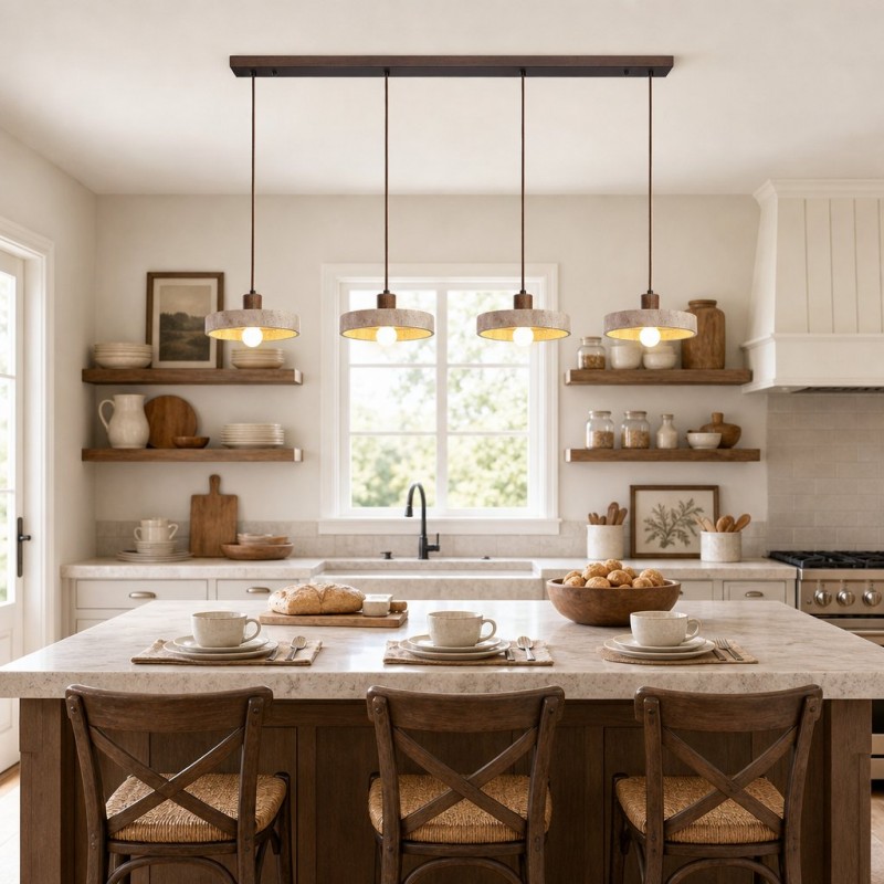 Harlow Wabi-Sabi Travertine & Wood Circular Pendant Light