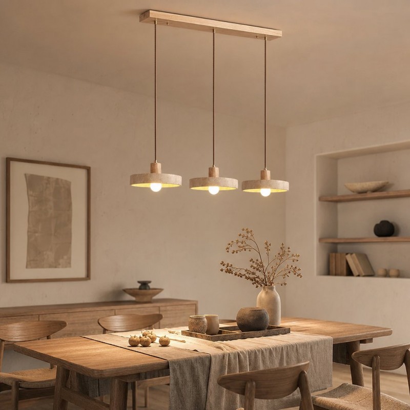 Harlow Wabi-Sabi Travertine & Wood Circular Pendant Light