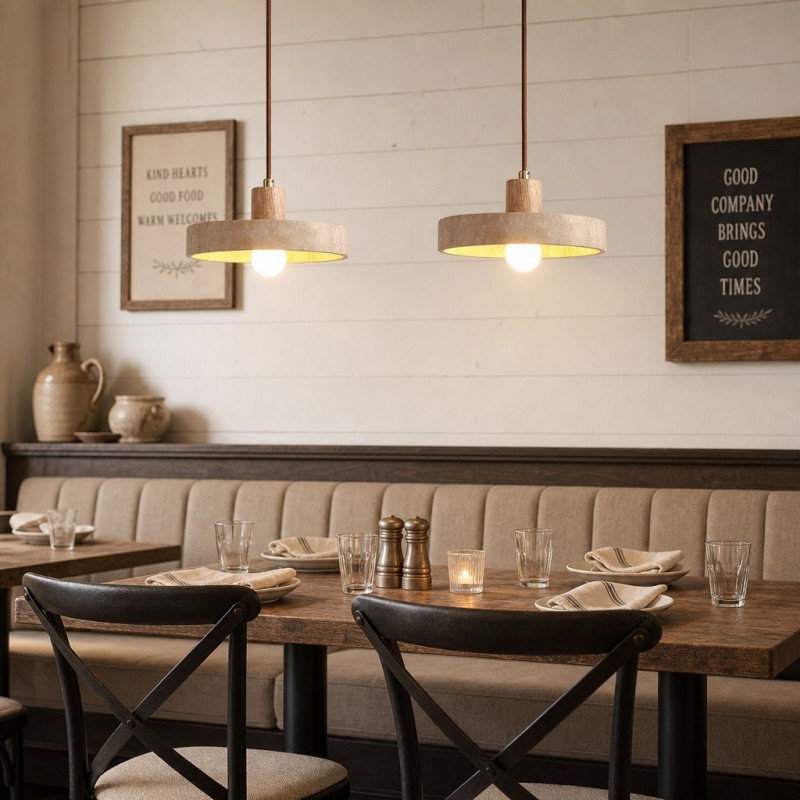 Harlow Wabi-Sabi Travertine & Wood Circular Pendant Light