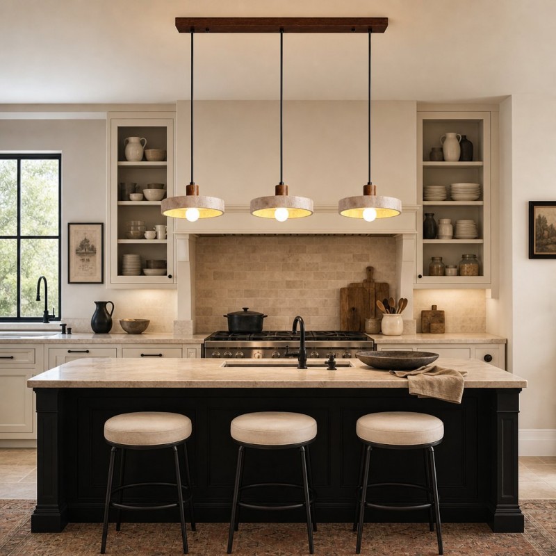 Harlow Wabi-Sabi Travertine & Wood Circular Pendant Light