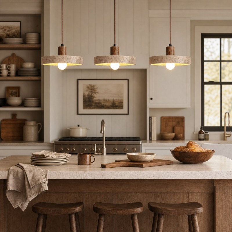 Harlow Wabi-Sabi Travertine & Wood Circular Pendant Light