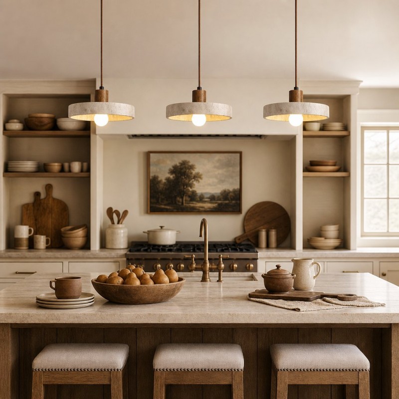 Harlow Wabi-Sabi Travertine & Wood Circular Pendant Light