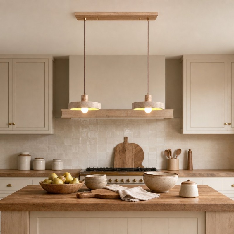 Harlow Wabi-Sabi Travertine & Wood Circular Pendant Light