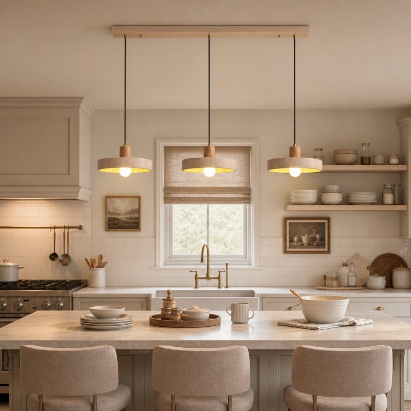 Harlow Wabi-Sabi Travertine & Wood Circular Pendant Light