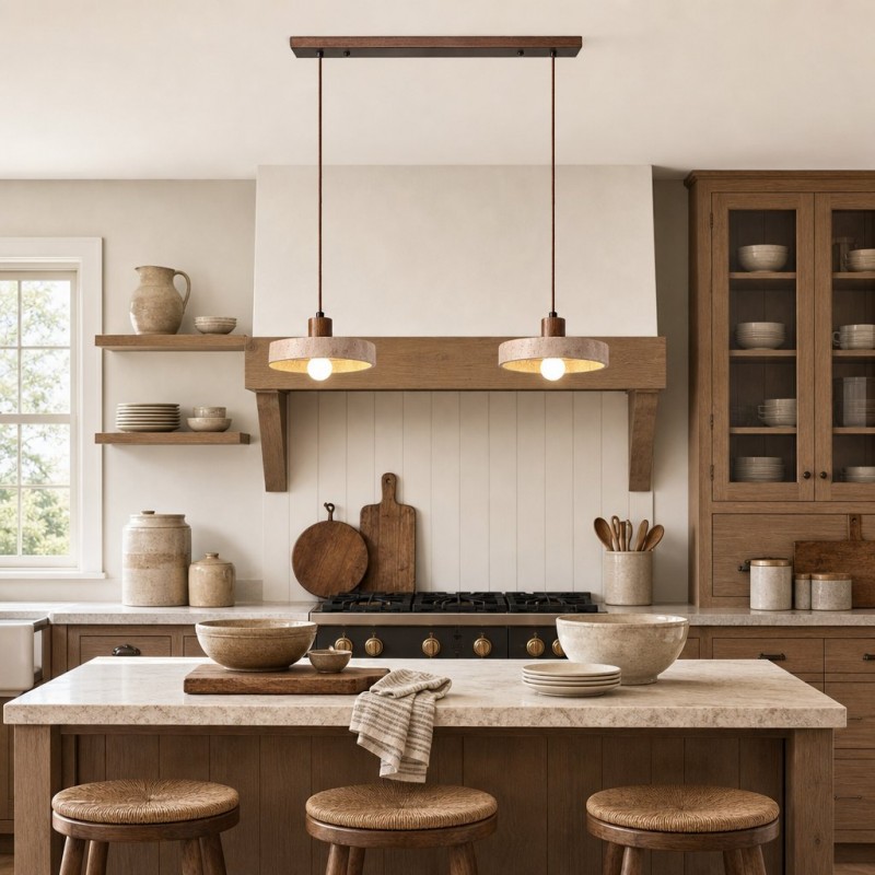 Harlow Wabi-Sabi Travertine & Wood Circular Pendant Light