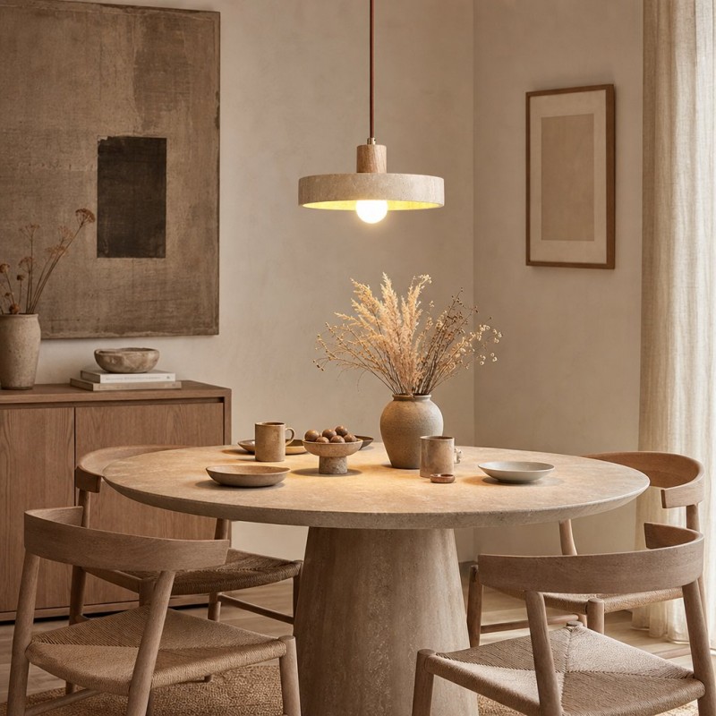 Harlow Wabi-Sabi Travertine & Wood Circular Pendant Light