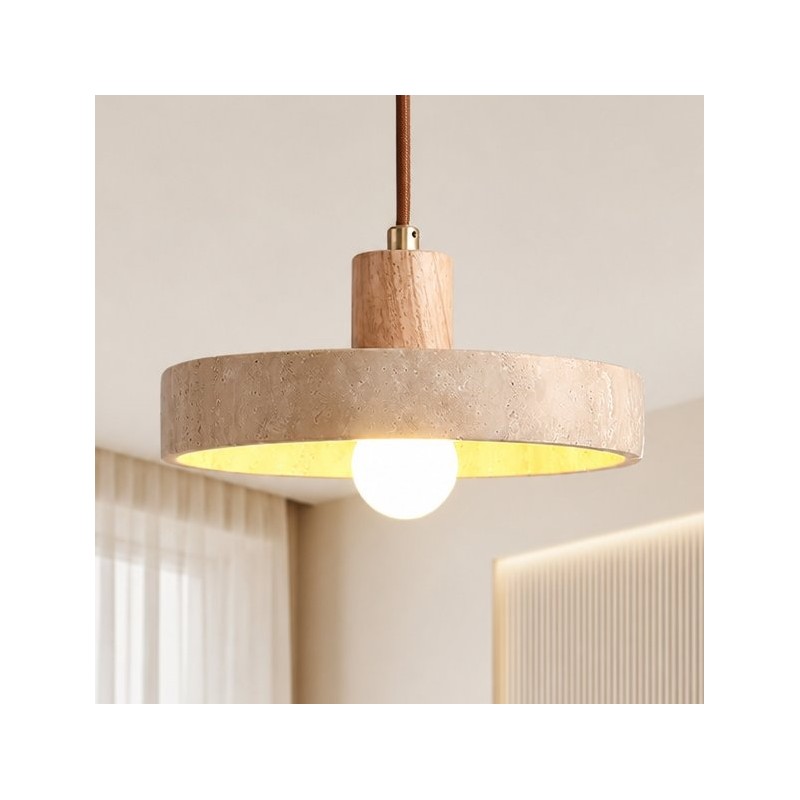 Harlow Wabi-Sabi Travertine & Wood Circular Pendant Light